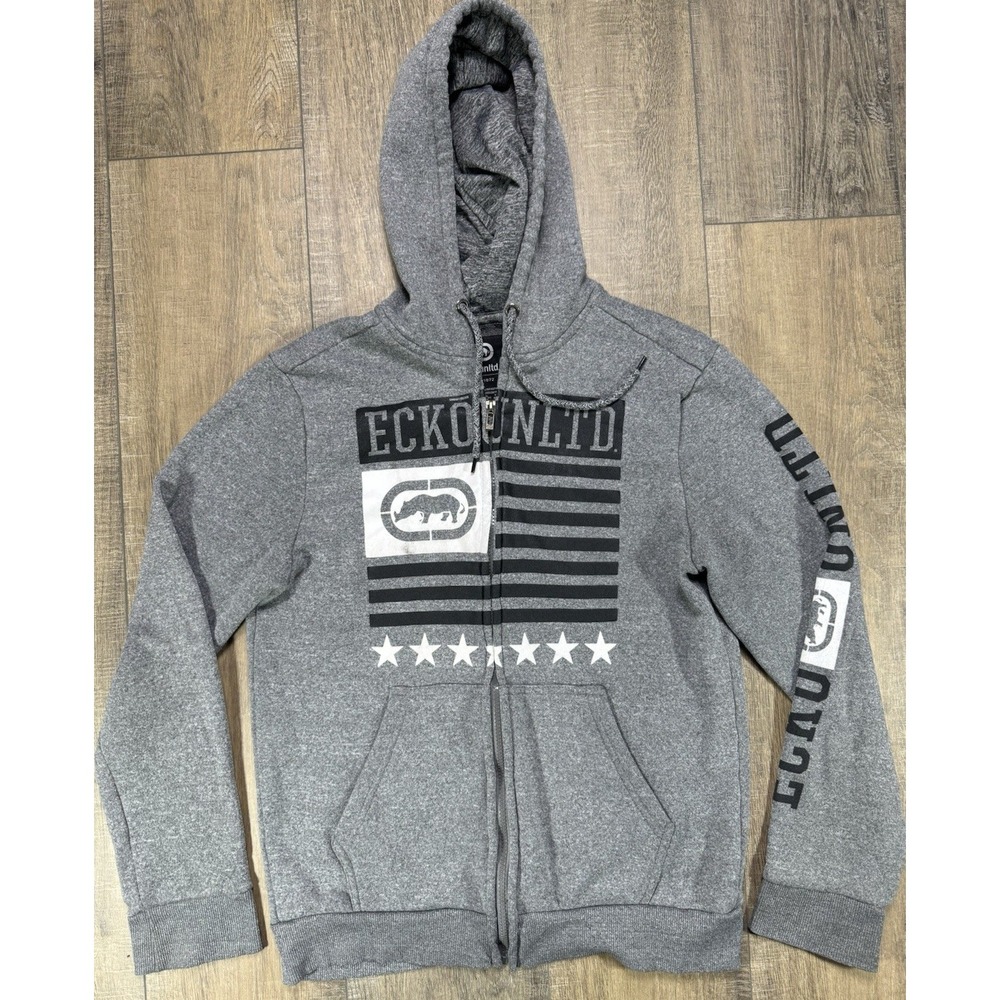 Vintage Y2K Ecko Unltd Men's Grey Zip Up Small lightweight Hoodie Grunge Hip Hop